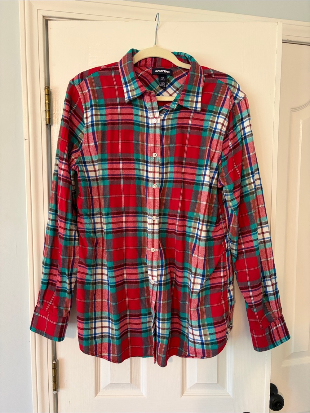Lands' End Red Plaid Button-Down Flannel Shirt 16 TALL